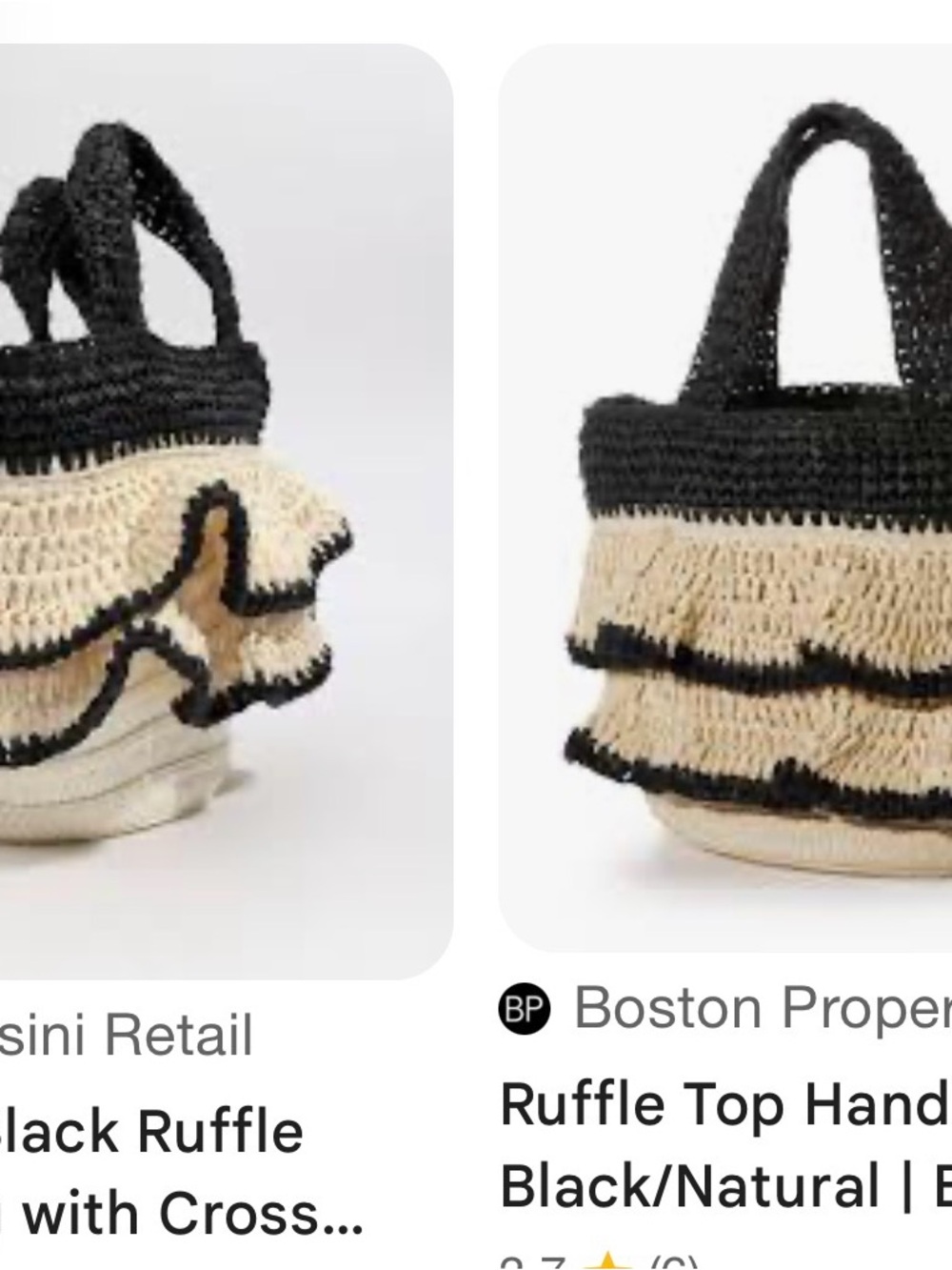 Pia Rossini Black and Natural Ruffle-Trim Crossbody Tote